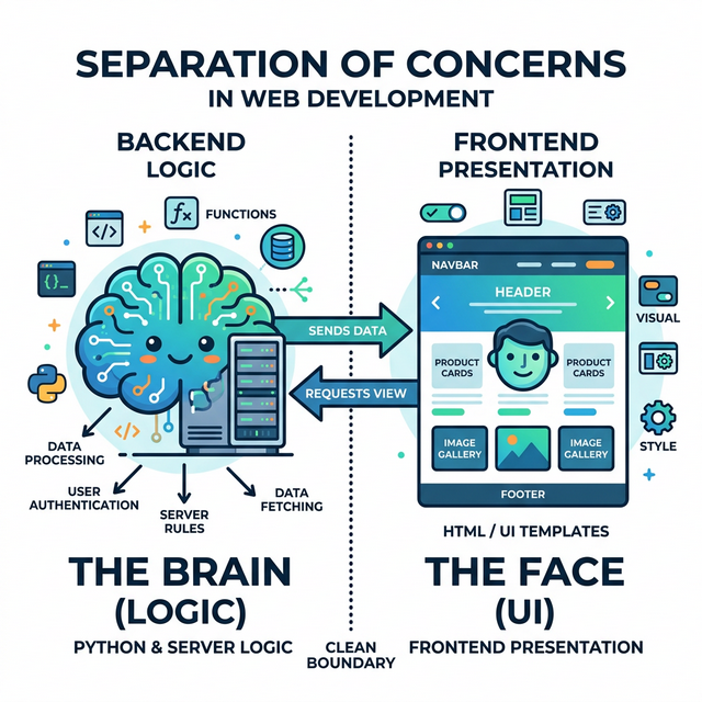 Схема разделения ответственности: Python (Мозг) и HTML (Лицо)