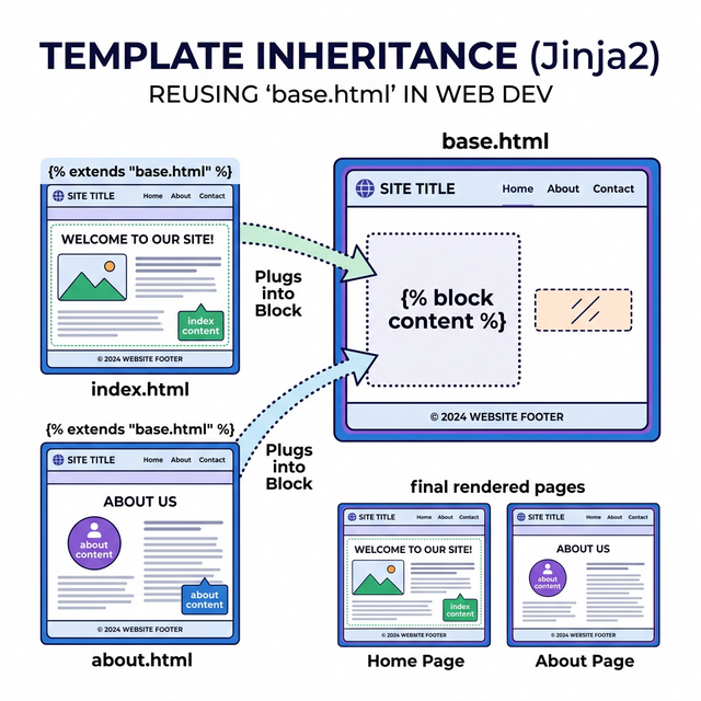 Схема наследования шаблонов: базовый шаблон (рамка) и дочерние страницы (холсты)